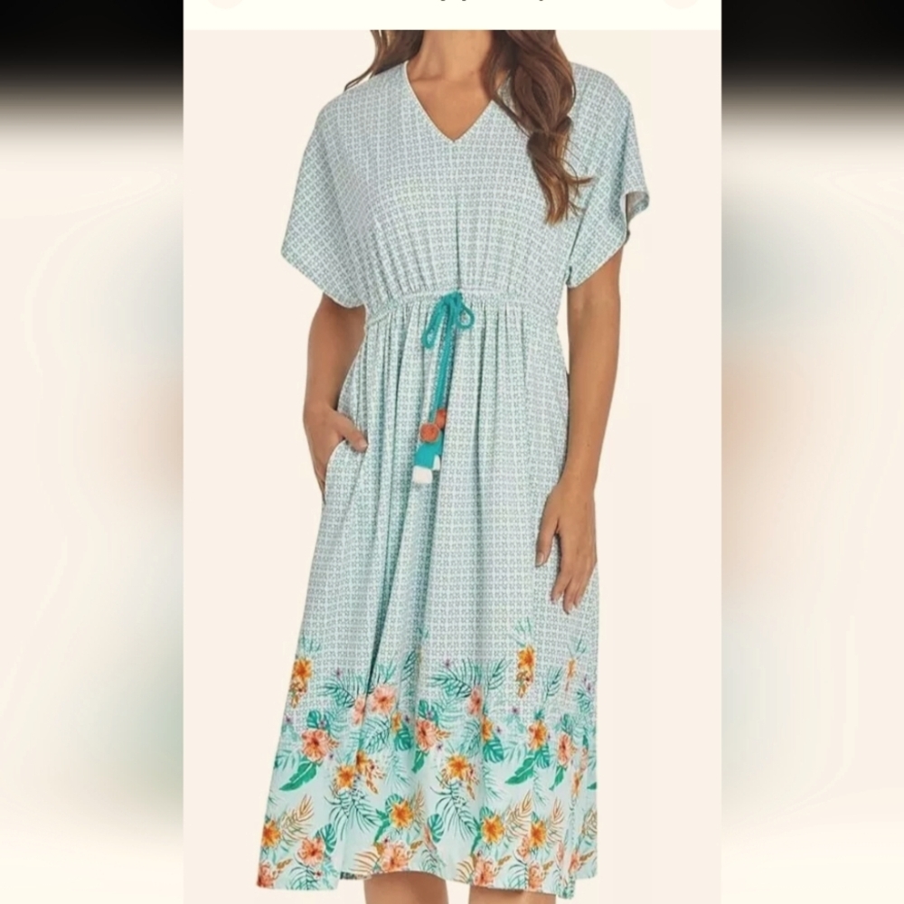CABANA LIFE Blue Cayman/Tie Waist /Midi Floral Dress